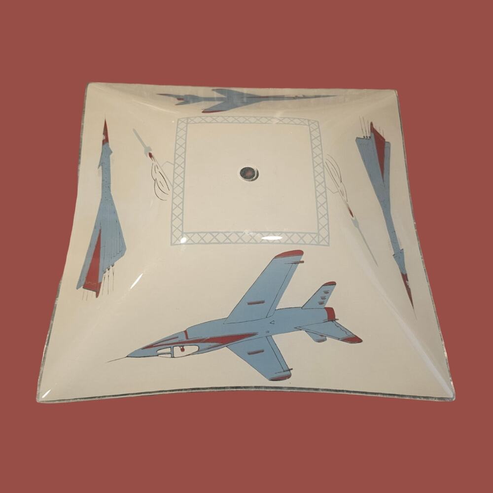 1950s CEILING LIGHT SHADE Opaque White Glass Red Blue Airplanes Retro Space Age